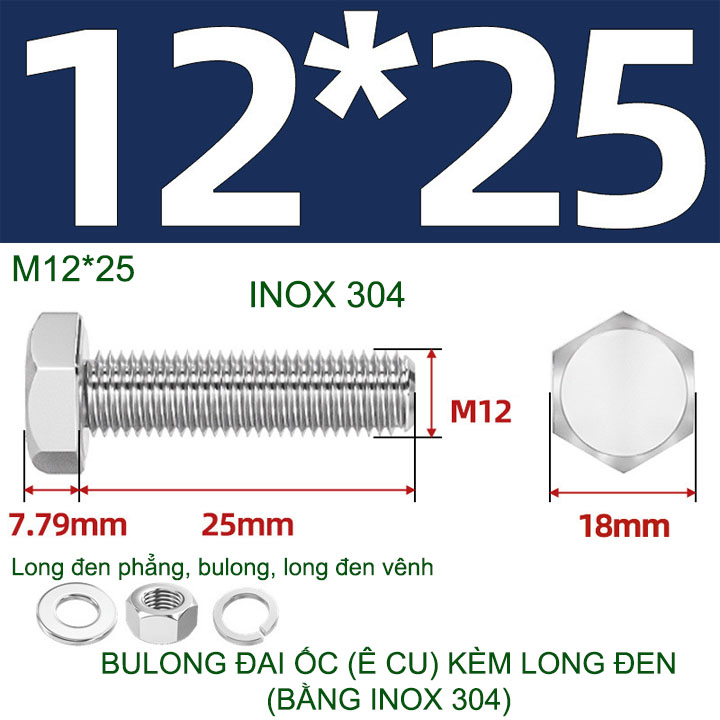 Combo 3-10 bulong đai ốc (Ê cu) bằng inox 304, có kèm long đen phẳng và kênh M6-M8-M10-M12 tùy chọn