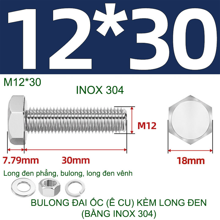 Combo 3-10 bulong đai ốc (Ê cu) bằng inox 304, có kèm long đen phẳng và kênh M6-M8-M10-M12 tùy chọn