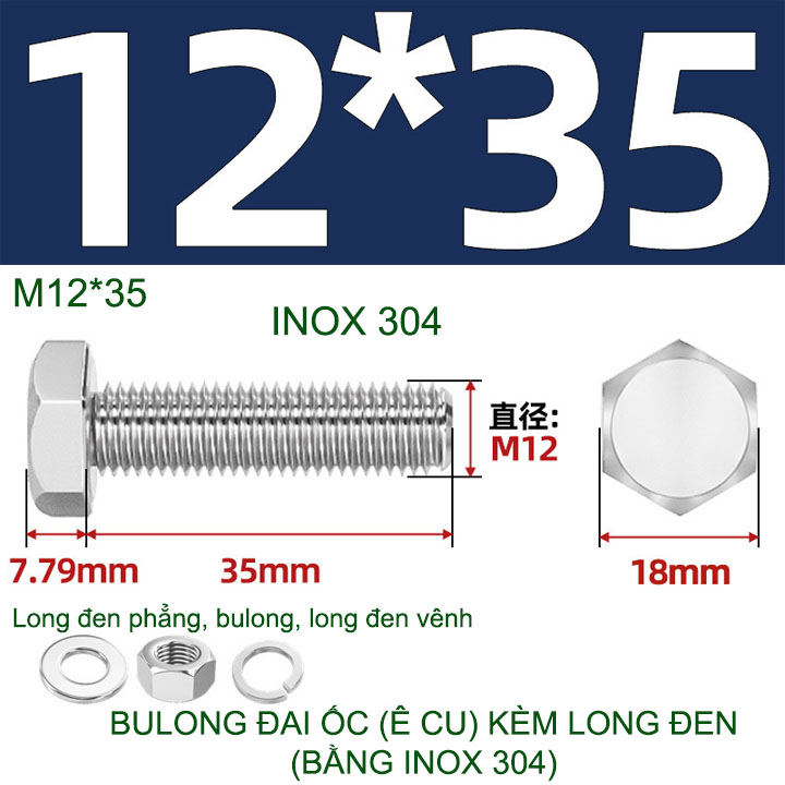 Combo 3-10 bulong đai ốc (Ê cu) bằng inox 304, có kèm long đen phẳng và kênh M6-M8-M10-M12 tùy chọn
