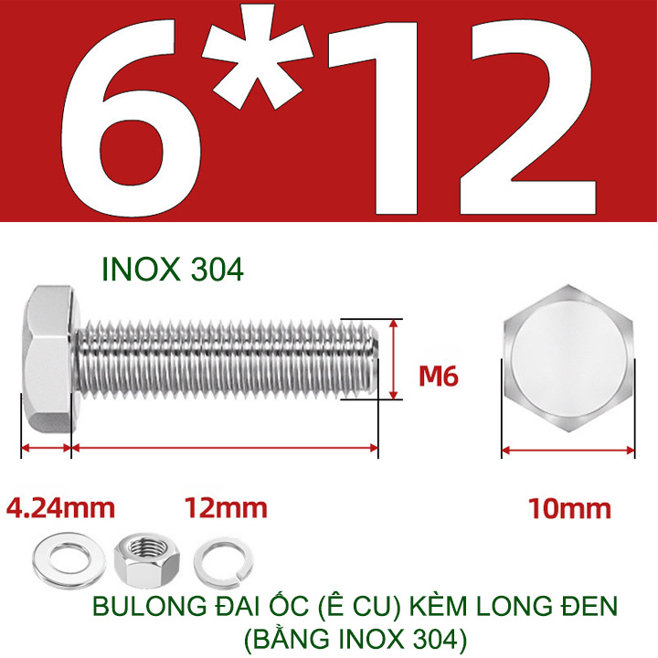 Combo 3-10 bulong đai ốc (Ê cu) bằng inox 304, có kèm long đen phẳng và kênh M6-M8-M10-M12 tùy chọn