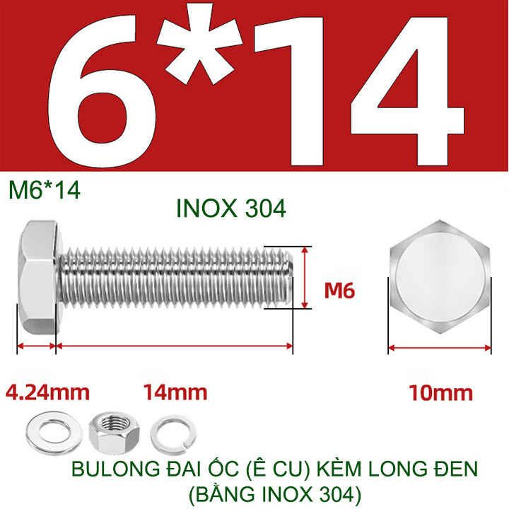 Combo 3-10 bulong đai ốc (Ê cu) bằng inox 304, có kèm long đen phẳng và kênh M6-M8-M10-M12 tùy chọn
