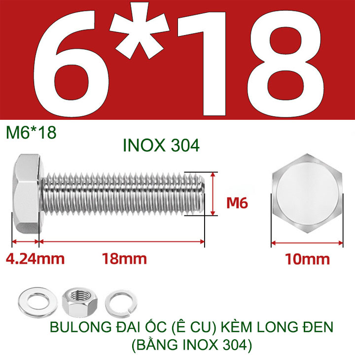 Combo 3-10 bulong đai ốc (Ê cu) bằng inox 304, có kèm long đen phẳng và kênh M6-M8-M10-M12 tùy chọn