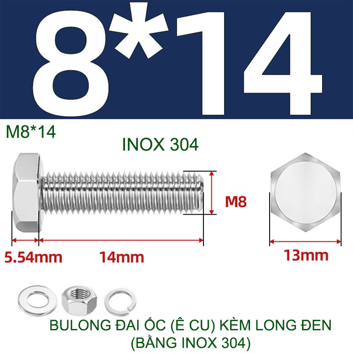 Combo 3-10 bulong đai ốc (Ê cu) bằng inox 304, có kèm long đen phẳng và kênh M6-M8-M10-M12 tùy chọn
