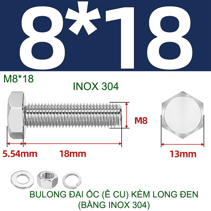 Combo 3-10 bulong đai ốc (Ê cu) bằng inox 304, có kèm long đen phẳng và kênh M6-M8-M10-M12 tùy chọn