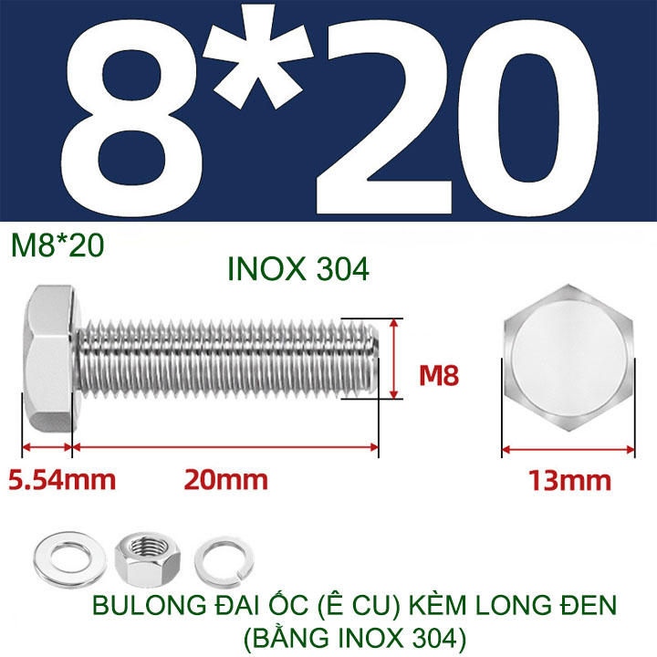 Combo 3-10 bulong đai ốc (Ê cu) bằng inox 304, có kèm long đen phẳng và kênh M6-M8-M10-M12 tùy chọn