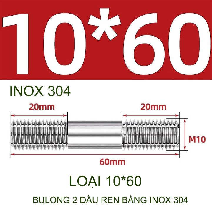 Combo 2-5 bulong ren 2 đầu bằng inox 304, M6-M8-M10-M12 tùy chọn (Không có ê cu)