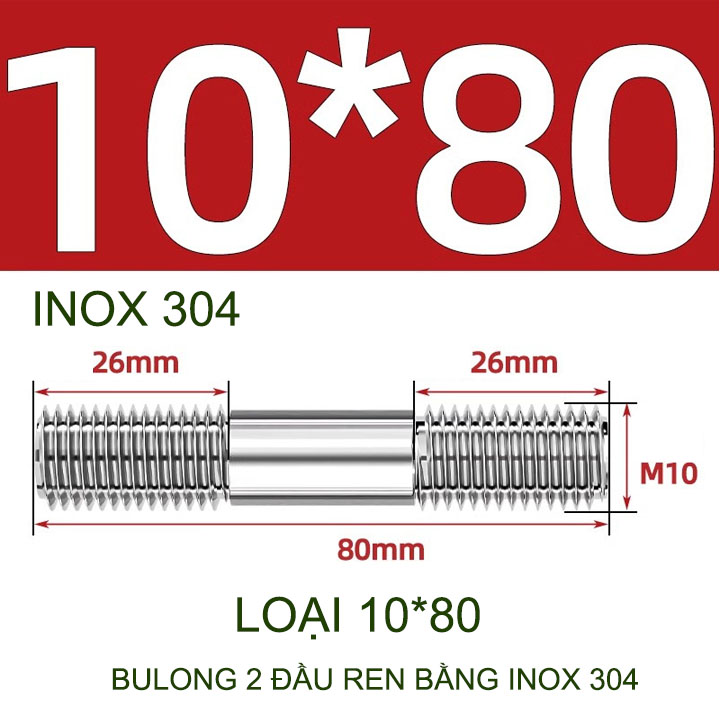 Combo 2-5 bulong ren 2 đầu bằng inox 304, M6-M8-M10-M12 tùy chọn (Không có ê cu)