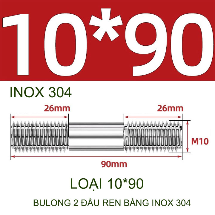 Combo 2-5 bulong ren 2 đầu bằng inox 304, M6-M8-M10-M12 tùy chọn (Không có ê cu)