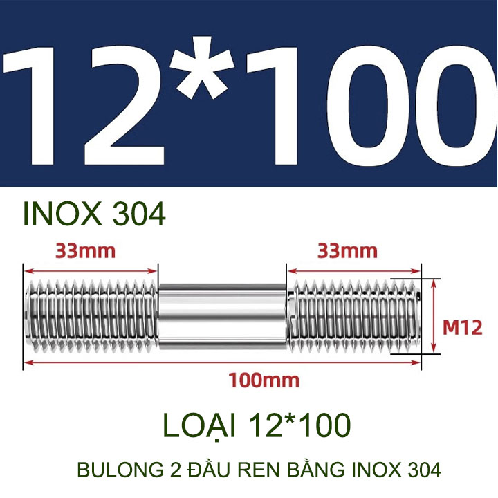 Combo 2-5 bulong ren 2 đầu bằng inox 304, M6-M8-M10-M12 tùy chọn (Không có ê cu)