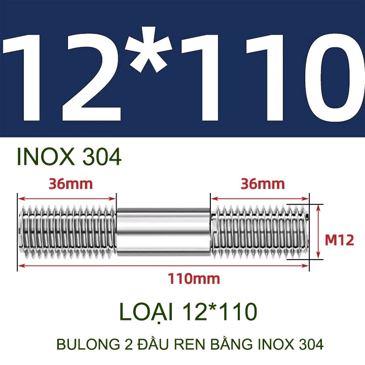 Combo 2-5 bulong ren 2 đầu bằng inox 304, M6-M8-M10-M12 tùy chọn (Không có ê cu)