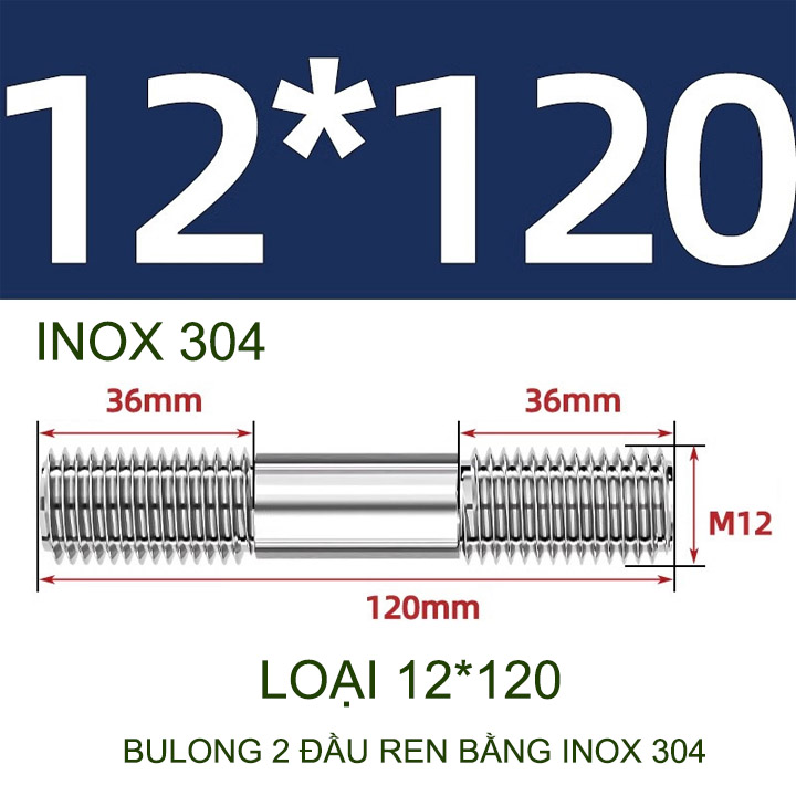 Combo 2-5 bulong ren 2 đầu bằng inox 304, M6-M8-M10-M12 tùy chọn (Không có ê cu)