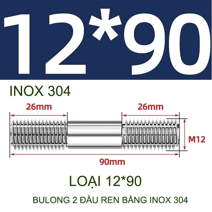 Combo 2-5 bulong ren 2 đầu bằng inox 304, M6-M8-M10-M12 tùy chọn (Không có ê cu)