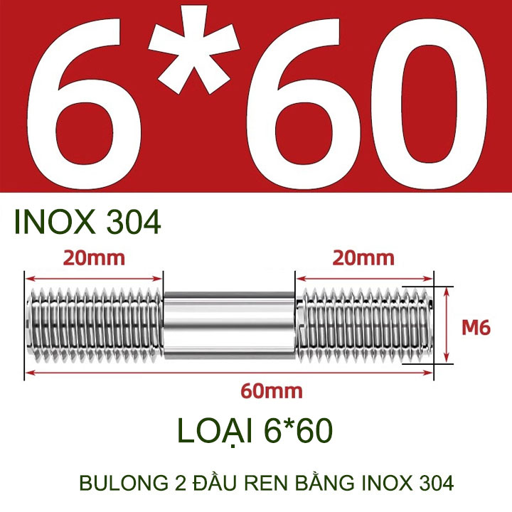 Combo 2-5 bulong ren 2 đầu bằng inox 304, M6-M8-M10-M12 tùy chọn (Không có ê cu)
