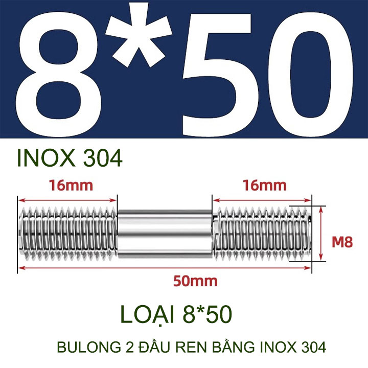 Combo 2-5 bulong ren 2 đầu bằng inox 304, M6-M8-M10-M12 tùy chọn (Không có ê cu)