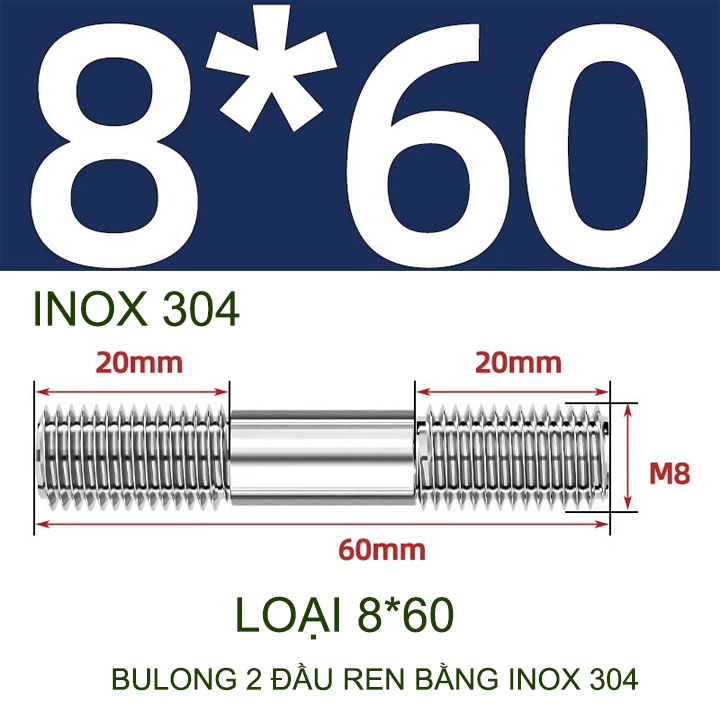 Combo 2-5 bulong ren 2 đầu bằng inox 304, M6-M8-M10-M12 tùy chọn (Không có ê cu)