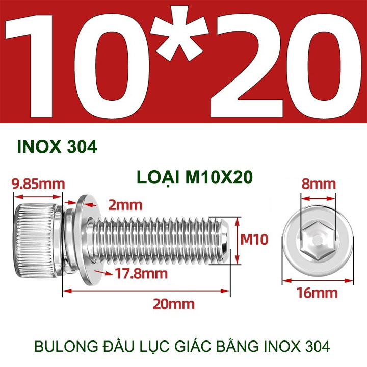 Combo 2-10 bulong đầu lục giác bằng inox 304, có kèm long đen phẳng và kênh M4-M6-M8-M10 tùy chọn