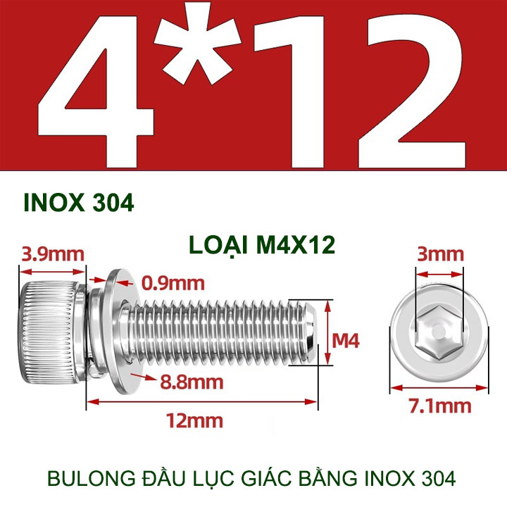 Combo 2-10 bulong đầu lục giác bằng inox 304, có kèm long đen phẳng và kênh M4-M6-M8-M10 tùy chọn