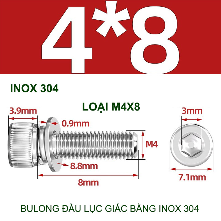 Combo 2-10 bulong đầu lục giác bằng inox 304, có kèm long đen phẳng và kênh M4-M6-M8-M10 tùy chọn