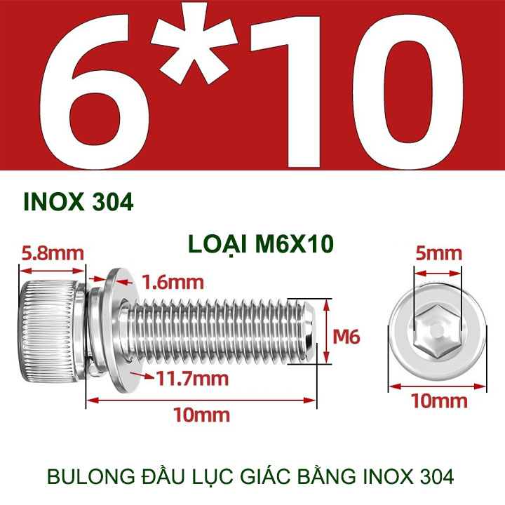 Combo 2-10 bulong đầu lục giác bằng inox 304, có kèm long đen phẳng và kênh M4-M6-M8-M10 tùy chọn