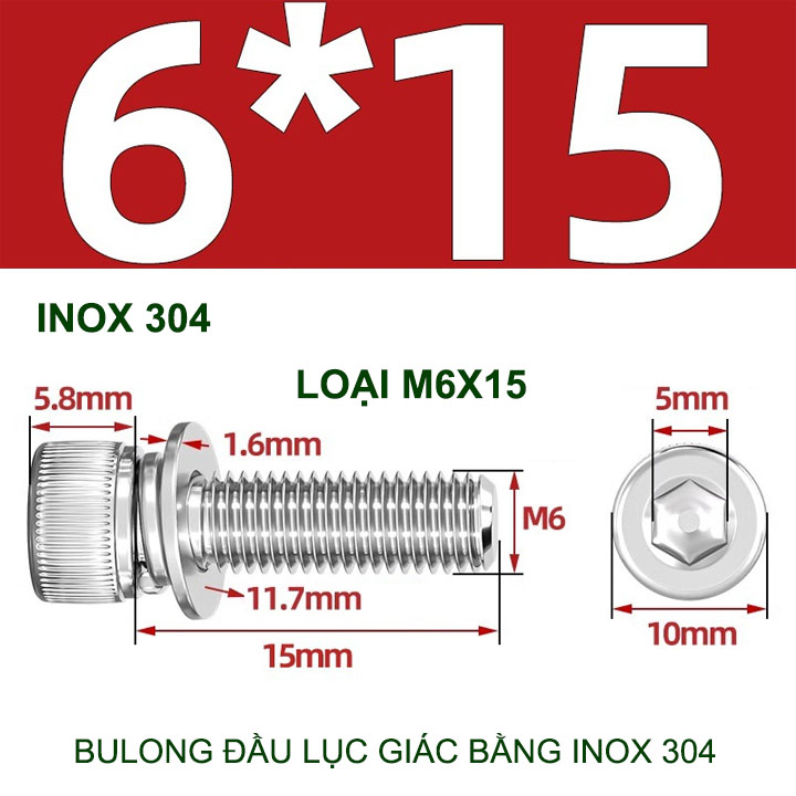 Combo 2-10 bulong đầu lục giác bằng inox 304, có kèm long đen phẳng và kênh M4-M6-M8-M10 tùy chọn