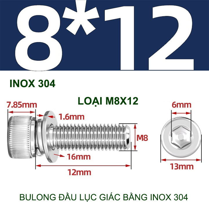 Combo 2-10 bulong đầu lục giác bằng inox 304, có kèm long đen phẳng và kênh M4-M6-M8-M10 tùy chọn