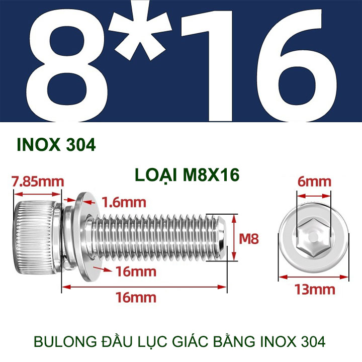 Combo 2-10 bulong đầu lục giác bằng inox 304, có kèm long đen phẳng và kênh M4-M6-M8-M10 tùy chọn