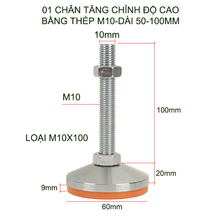 01 Chân tăng chỉnh độ cao bằng sắt có đế cao su, trục M10, dài 50-100mm tùy chọn