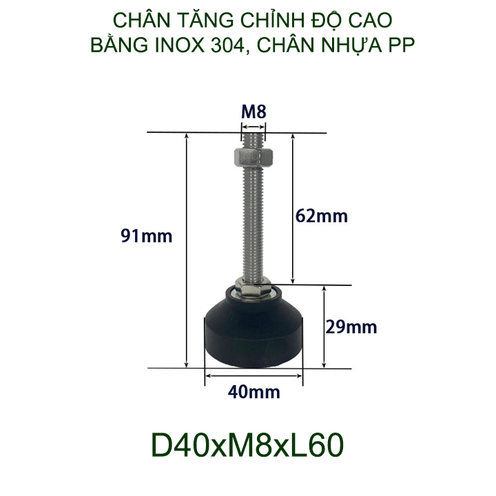 01 Chân tăng chỉnh độ cao bằng inox 304 đế nhựa PP, trục M8-10-12, dài 60-100mm tùy chọn