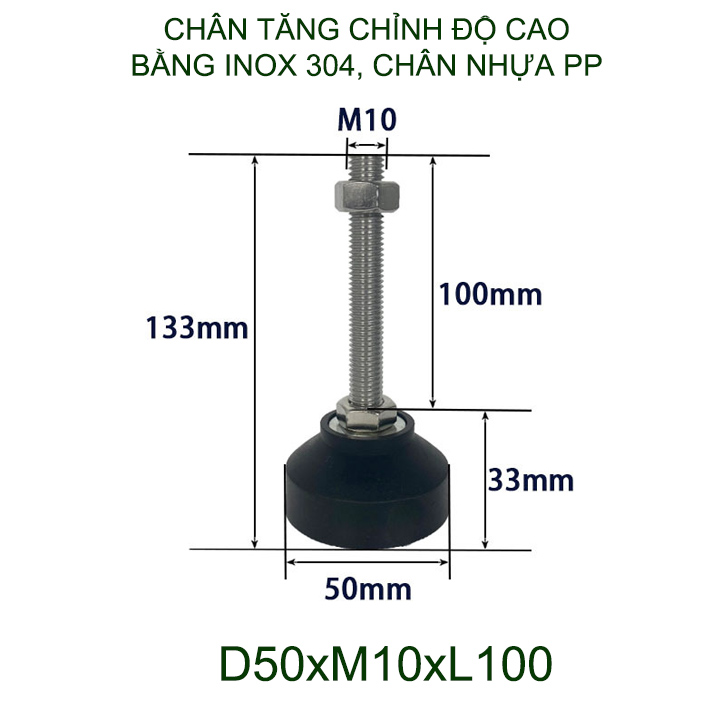 01 Chân tăng chỉnh độ cao bằng inox 304 đế nhựa PP, trục M8-10-12, dài 60-100mm tùy chọn