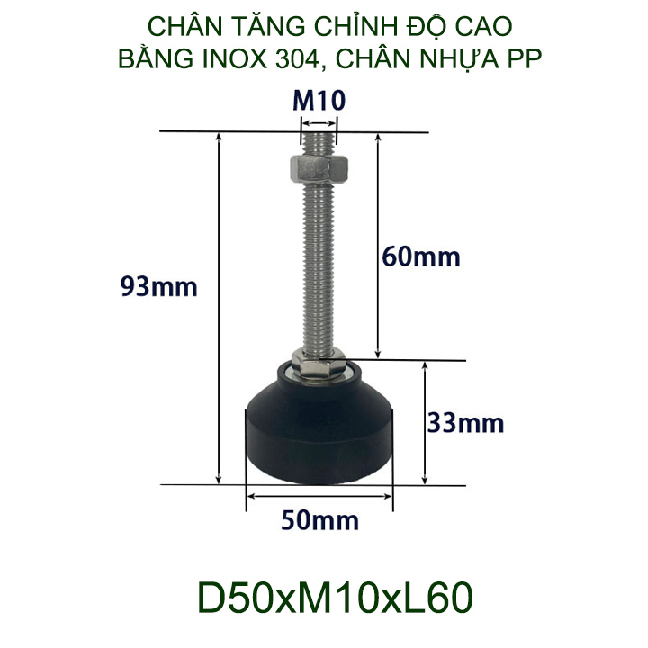 01 Chân tăng chỉnh độ cao bằng inox 304 đế nhựa PP, trục M8-10-12, dài 60-100mm tùy chọn