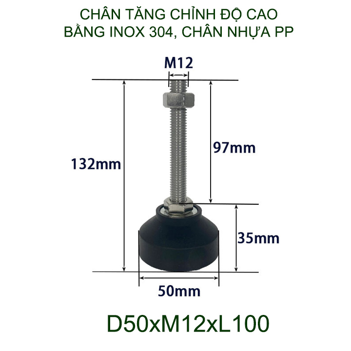 01 Chân tăng chỉnh độ cao bằng inox 304 đế nhựa PP, trục M8-10-12, dài 60-100mm tùy chọn