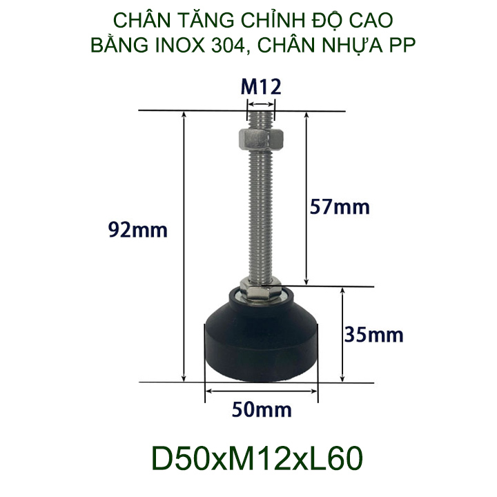 01 Chân tăng chỉnh độ cao bằng inox 304 đế nhựa PP, trục M8-10-12, dài 60-100mm tùy chọn