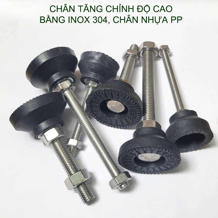 01 Chân tăng chỉnh độ cao bằng inox 304 đế nhựa PP, trục M8-10-12, dài 60-100mm tùy chọn