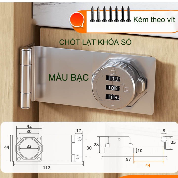 Chốt lật có khóa số góc 90 độ cho cửa, hòm, tủ, ngăn kéo bàn, bằng thép mạ chống gỉ