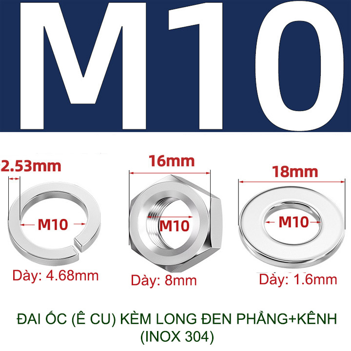 Đai ốc (Ê cu) bằng inox 304, có kèm long đen phẳng và kênh M6-M8-M10-M12 tùy chọn (bộ 5-10 cái)