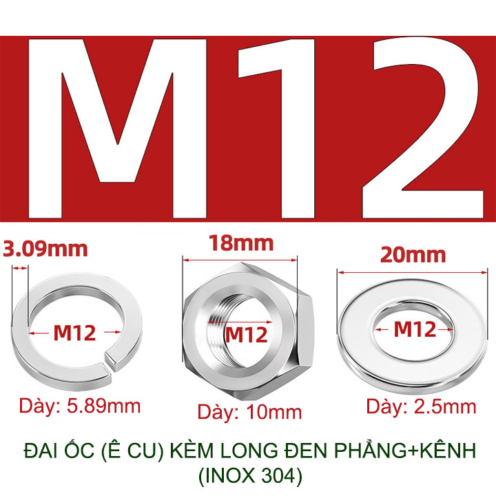 Đai ốc (Ê cu) bằng inox 304, có kèm long đen phẳng và kênh M6-M8-M10-M12 tùy chọn (bộ 5-10 cái)