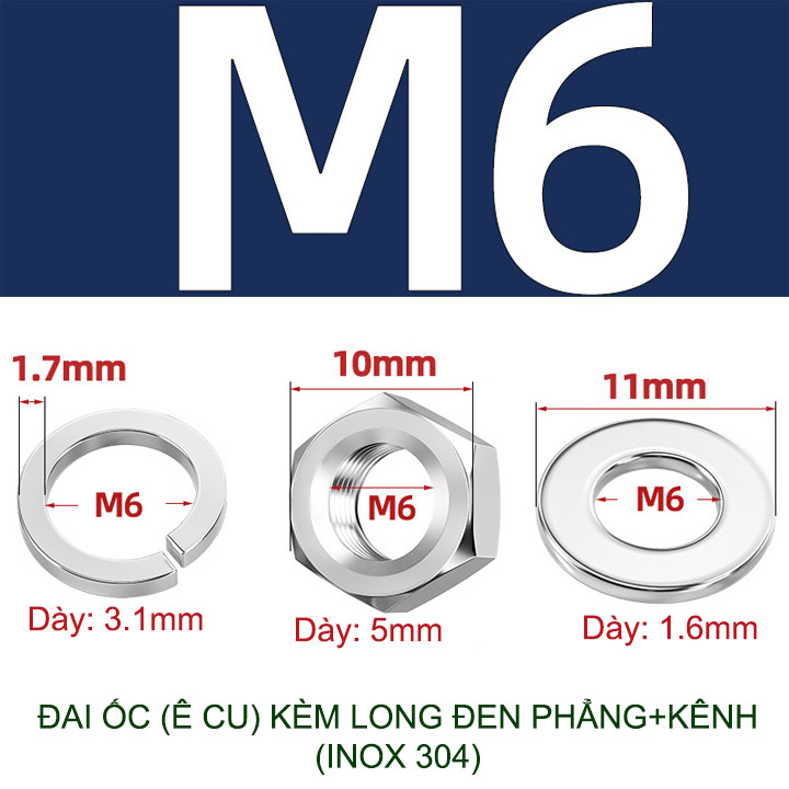 Đai ốc (Ê cu) bằng inox 304, có kèm long đen phẳng và kênh M6-M8-M10-M12 tùy chọn (bộ 5-10 cái)