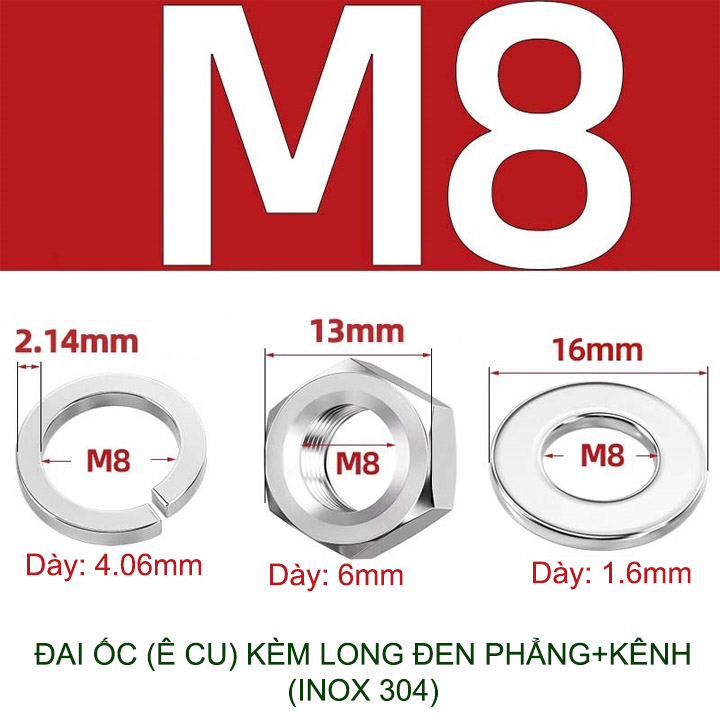 Đai ốc (Ê cu) bằng inox 304, có kèm long đen phẳng và kênh M6-M8-M10-M12 tùy chọn (bộ 5-10 cái)