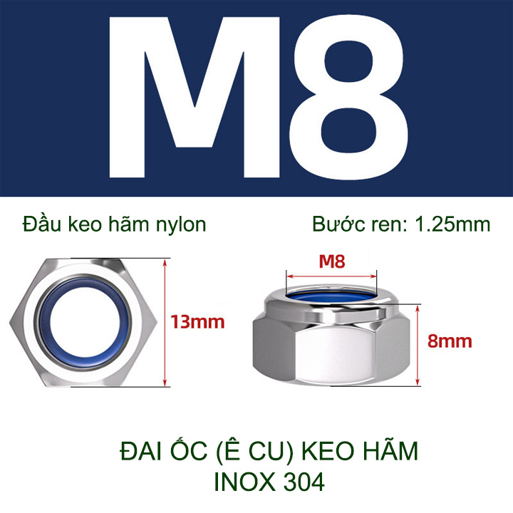 Đai ốc (Ê cu) bằng inox 304 đầu có keo hãm M6-M8-M10-M12 tùy chọn (bộ 5-10 cái)