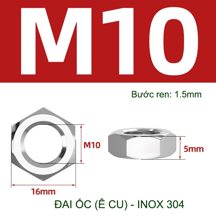 Đai ốc (Ê cu) mỏng bằng inox 304 loại M6-M8-M10-M12 tùy chọn (bộ 5-10 cái)