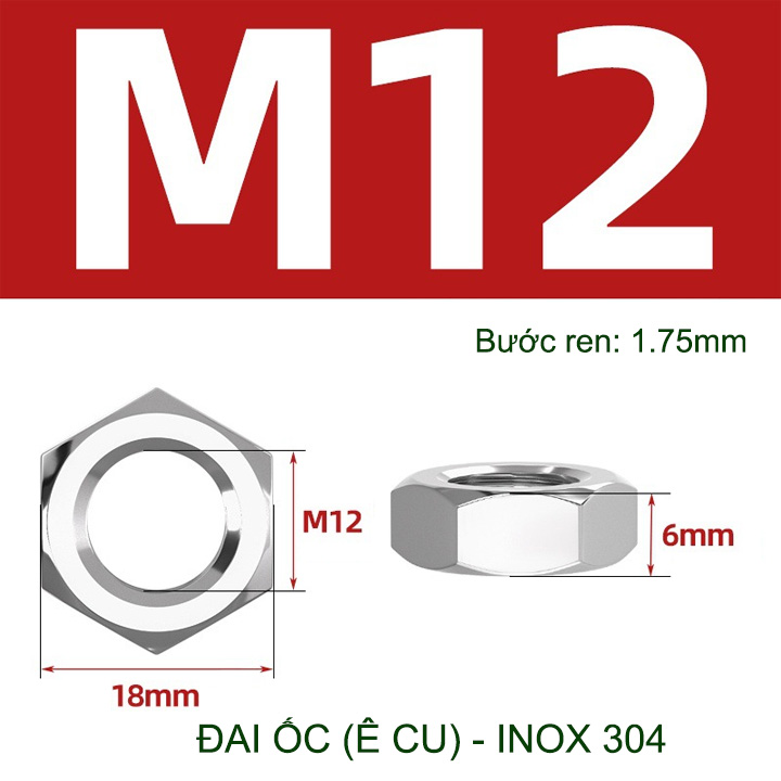 Đai ốc (Ê cu) mỏng bằng inox 304 loại M6-M8-M10-M12 tùy chọn (bộ 5-10 cái)
