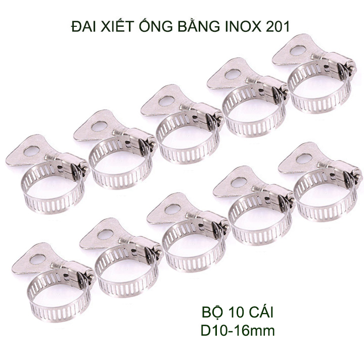 Bộ 10 đai xiết ống bằng inox 201 không gỉ, có nhiều kích cỡ cho khách lựa chọn