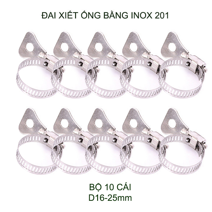 Bộ 10 đai xiết ống bằng inox 201 không gỉ, có nhiều kích cỡ cho khách lựa chọn