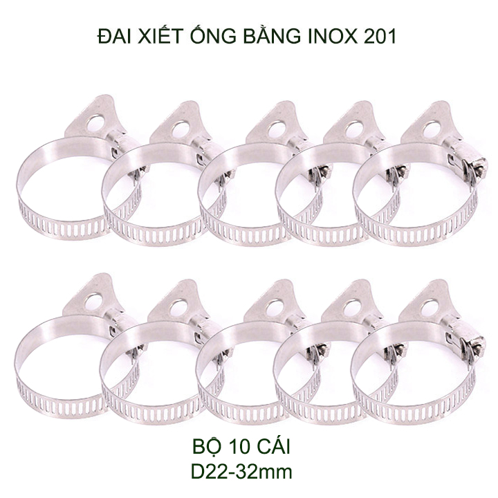 Bộ 10 đai xiết ống bằng inox 201 không gỉ, có nhiều kích cỡ cho khách lựa chọn