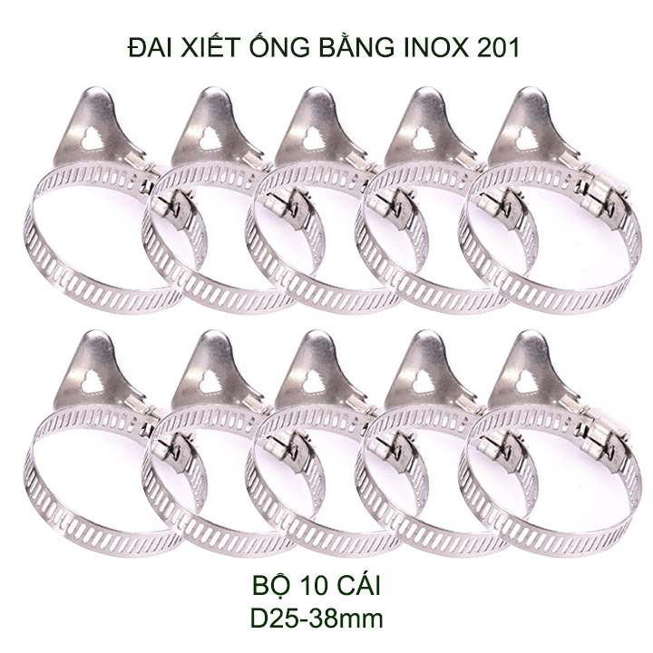 Bộ 10 đai xiết ống bằng inox 201 không gỉ, có nhiều kích cỡ cho khách lựa chọn