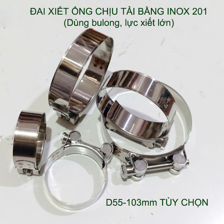 01 Đai xiết ống tròn chịu tải bằng inox 201, dùng bulong xiết rất chắc chắn (D55-103mm tùy chọn)