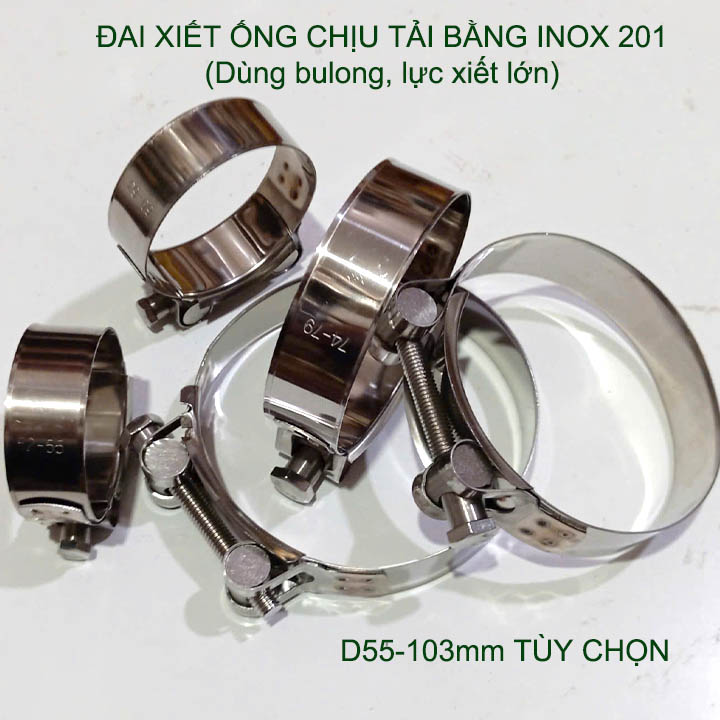 01 Đai xiết ống tròn chịu tải bằng inox 201, dùng bulong xiết rất chắc chắn (D55-103mm tùy chọn)