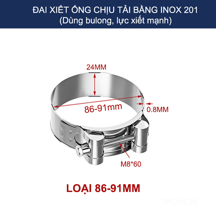 01 Đai xiết ống tròn chịu tải bằng inox 201, dùng bulong xiết rất chắc chắn (D55-103mm tùy chọn)