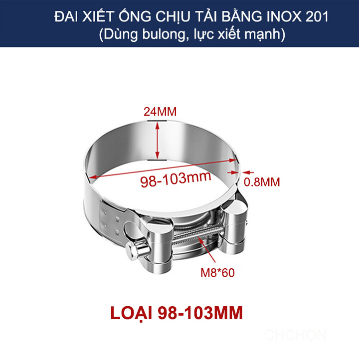 01 Đai xiết ống tròn chịu tải bằng inox 201, dùng bulong xiết rất chắc chắn (D55-103mm tùy chọn)