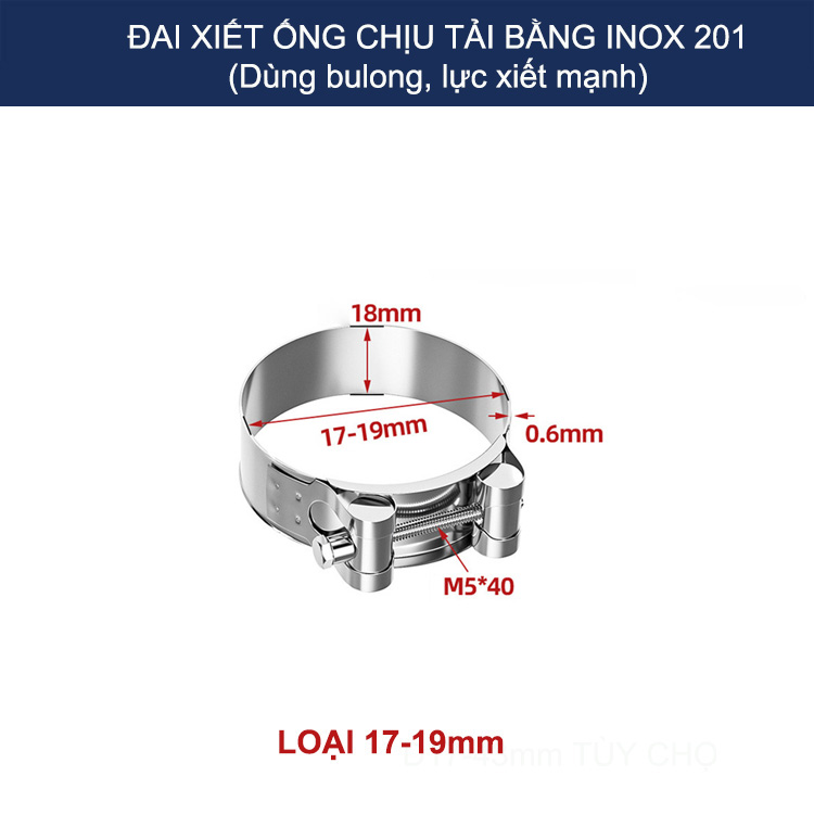 Bộ 2 đai xiết ống tròn chịu tải bằng inox 201, dùng bulong xiết rất chắc chắn (D17-43mm tùy chọn)